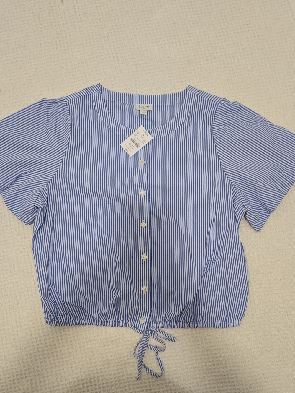 J. Crew Blue and White Striped Tie-Waist Button Front Top